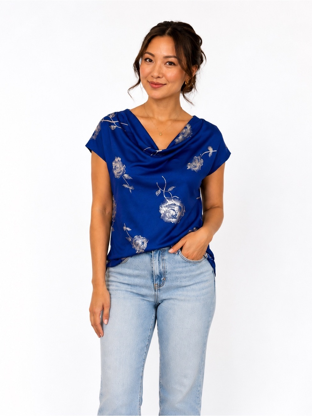 Alex & Parker Blue Floral Draped Blouse